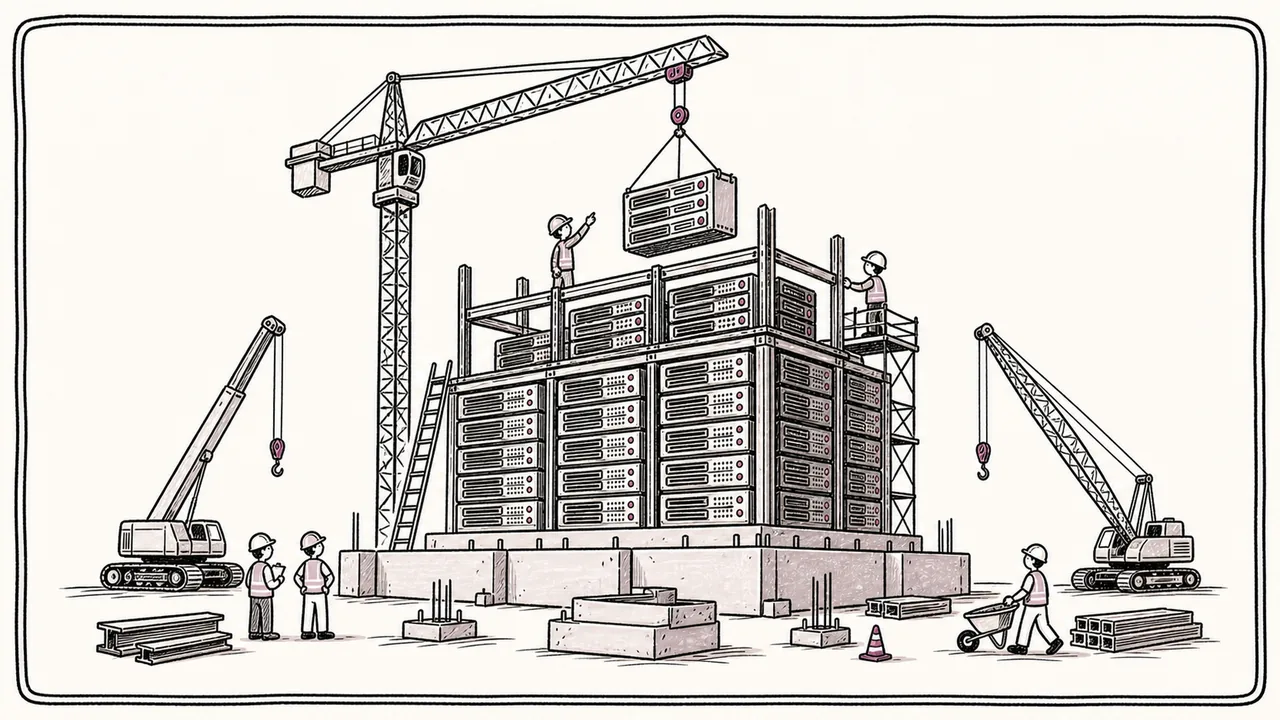 Bouwkranen die een grote stapel servers optrekken — de fysieke buildout van AI-infrastructuur.